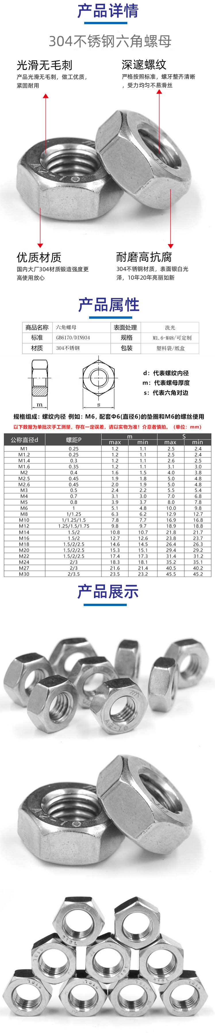 304不锈钢六角螺母